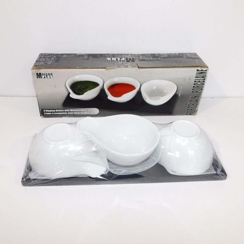 Set 3 Ceramic Dipping Dishes with Wooden Base  Maison Plus NEW - box has wear